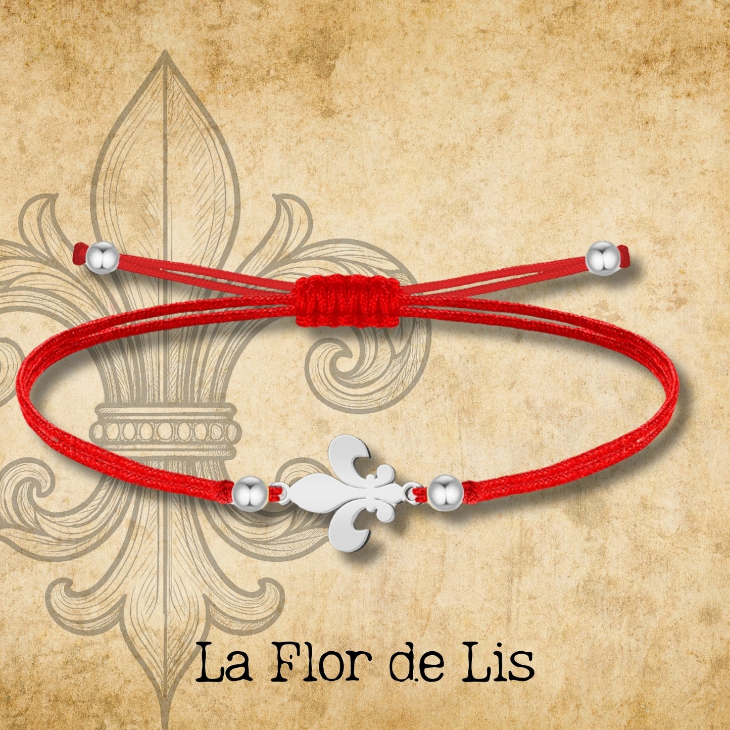 Pulsera Hilo encerado con Flor de lis Acero Plateado