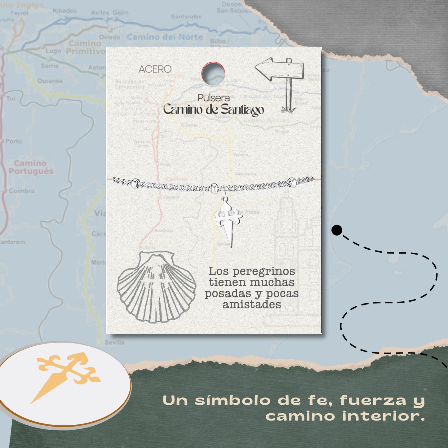 Pulsera del Camino de Santiago - Conchas de Santiago, recuerdos ruta del peregrino, cruz de santiago, joyas mujer + regalo una pulsera de 7 nudos.