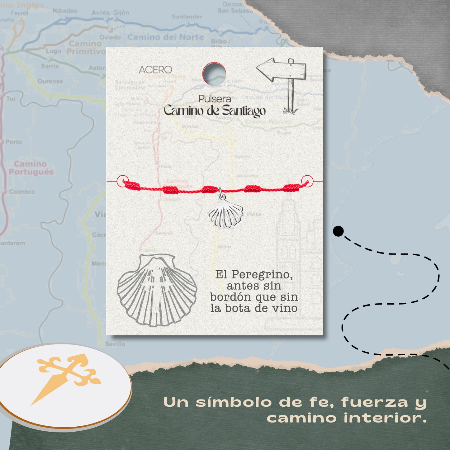 Pulsera del Camino de Santiago - Conchas de Santiago, recuerdos ruta del peregrino, cruz de santiago, joyas mujer + regalo una pulsera de 7 nudos.