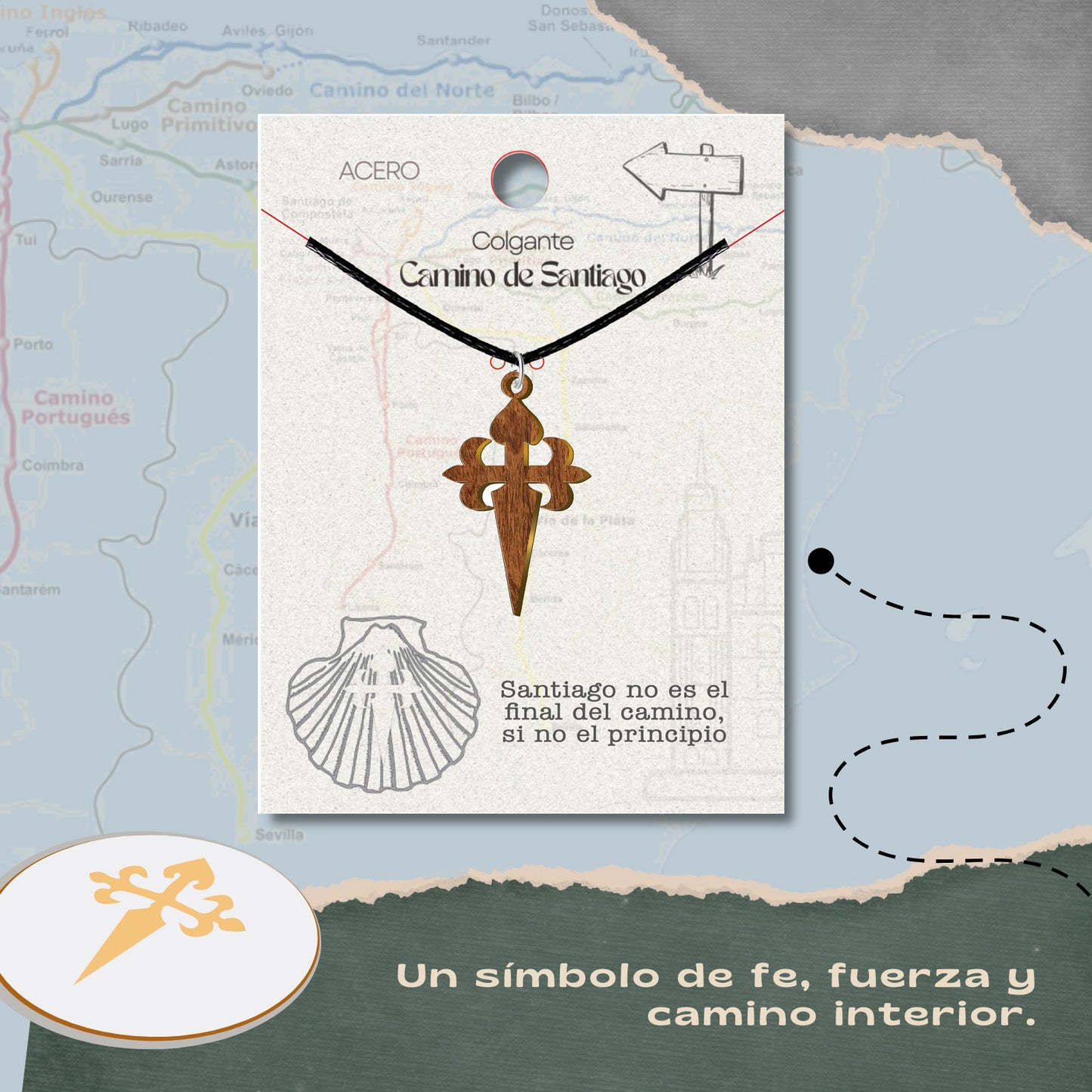 Collar del Camino de Santiago - Conchas de Santiago, recuerdos ruta del peregrino, cruz de santiago, joyas mujer + regalo una pulsera de 7 nudos.
