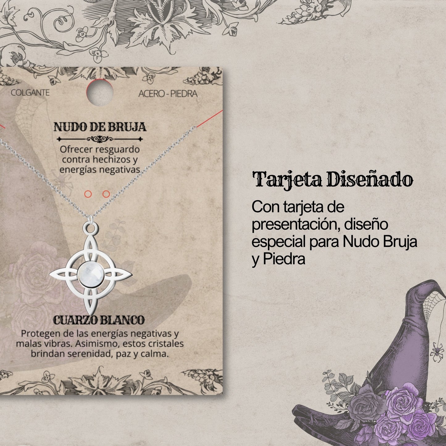 Colgante Nudo Bruja en Acero Inoxidable con Piedra Natural 💎 Amuleto contra el Mal de Ojo 🧿 Collar de Suerte para Mujer y Hombre + Pulsera 7 Nudos de Regalo 🎁 con Tarjeta Diseñada | Regalo de Cumpleaños Perfecto