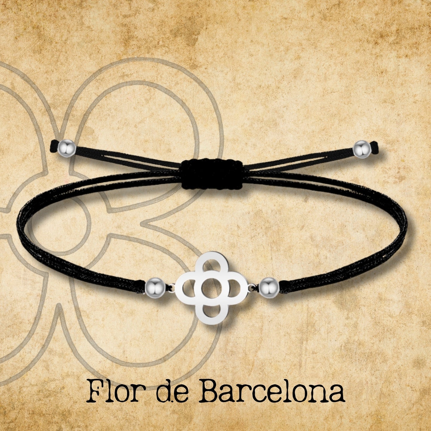 Pulsera Hilo encerado negro con Flor Barcelona Acero Plateado