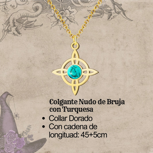 Colgante Nudo de Bruja con Turquesa en Acero Dorado