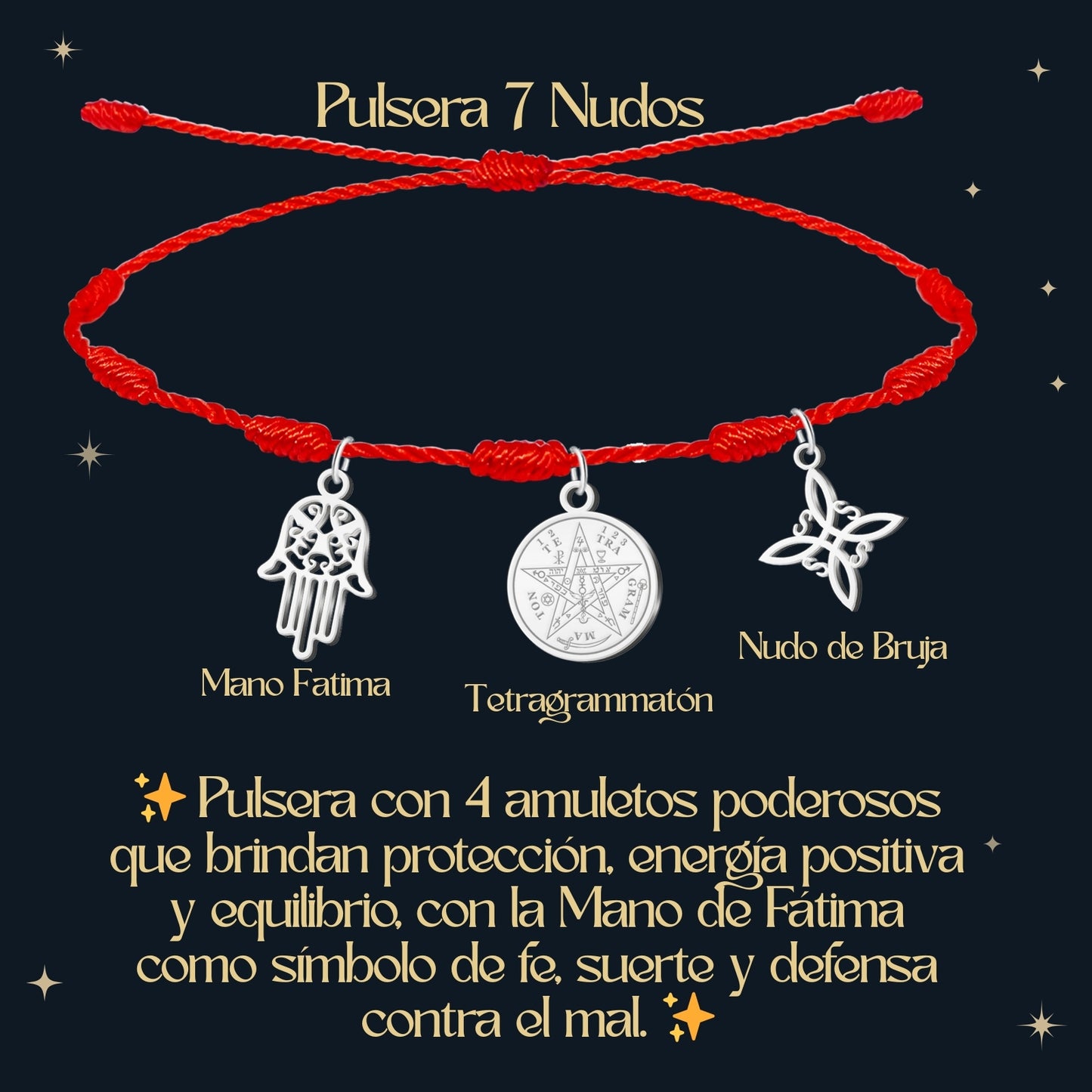 Pulsera 7 nudos con Nudo de Bruja y Tetragramatón, y Mano Fátima Plateado Acero Inoxidable
