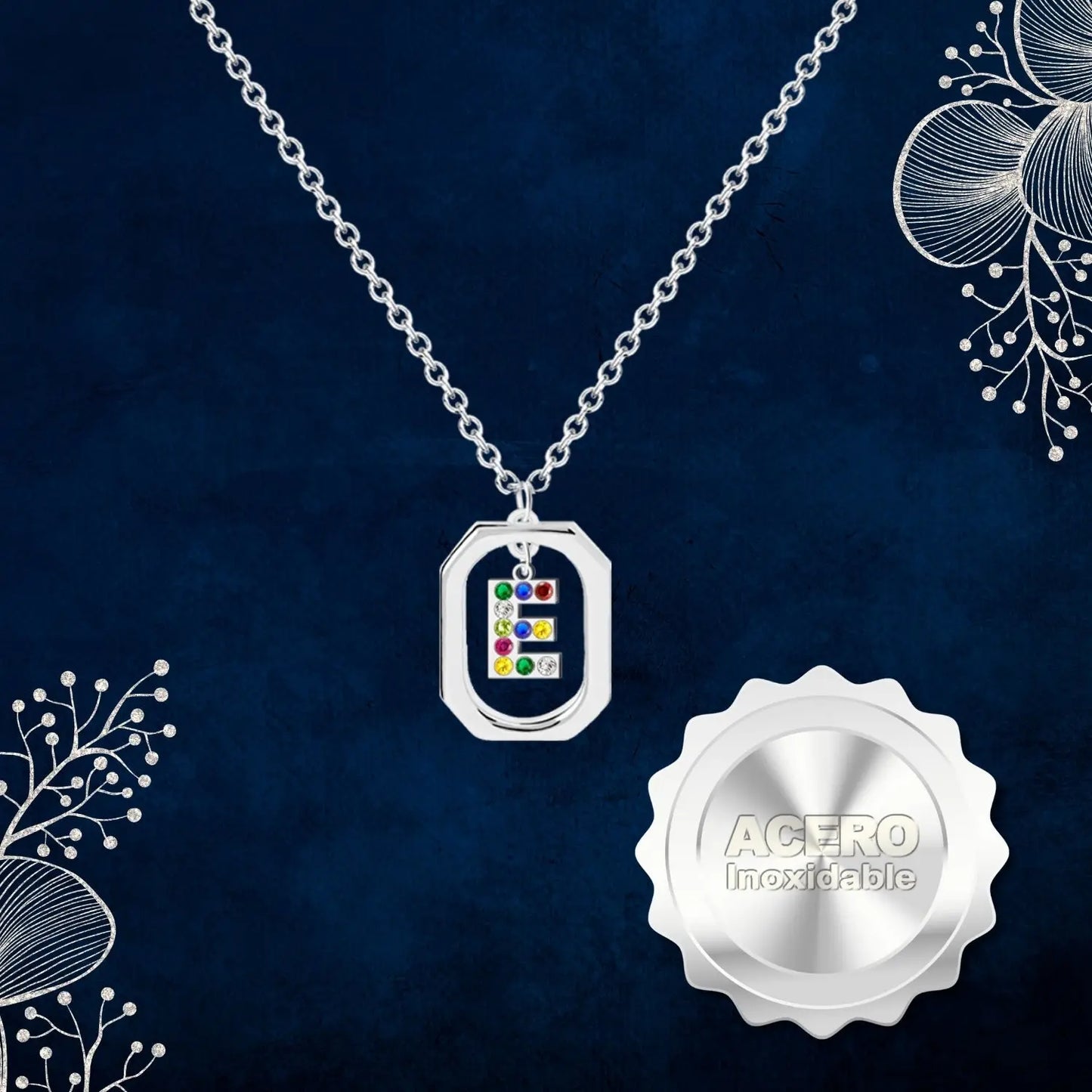 Colgante Letra Inicial E Acero con Circonita color Plateado - cotigo