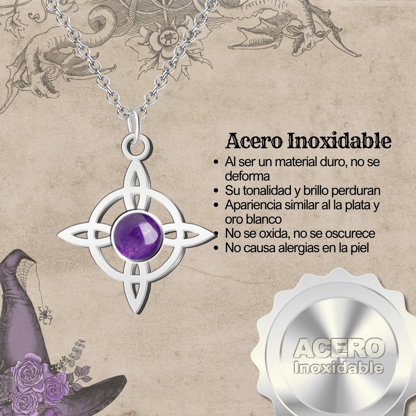 Colgante Nudo Bruja en Acero Inoxidable con Piedra Natural 💎 Amuleto contra el Mal de Ojo 🧿 Collar de Suerte para Mujer y Hombre + Pulsera 7 Nudos de Regalo 🎁 con Tarjeta Diseñada | Regalo de Cumpleaños Perfecto