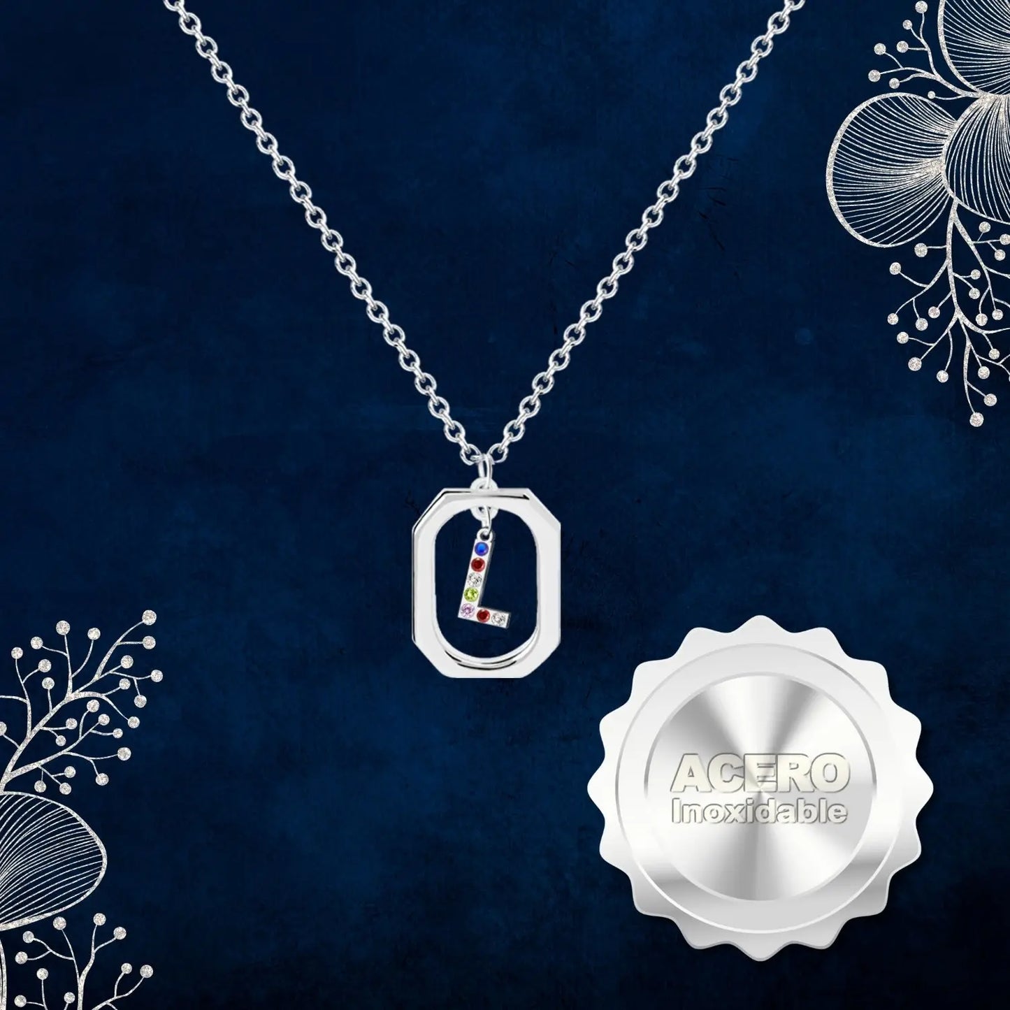 Colgante Letra Inicial L Acero con Circonita color Plateado - cotigo