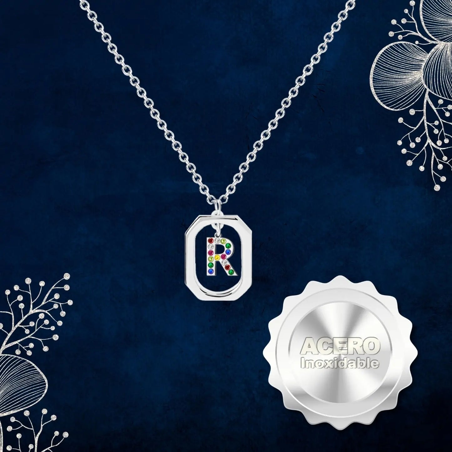 Colgante Letra Inicial R Acero con Circonita color Plateado - cotigo