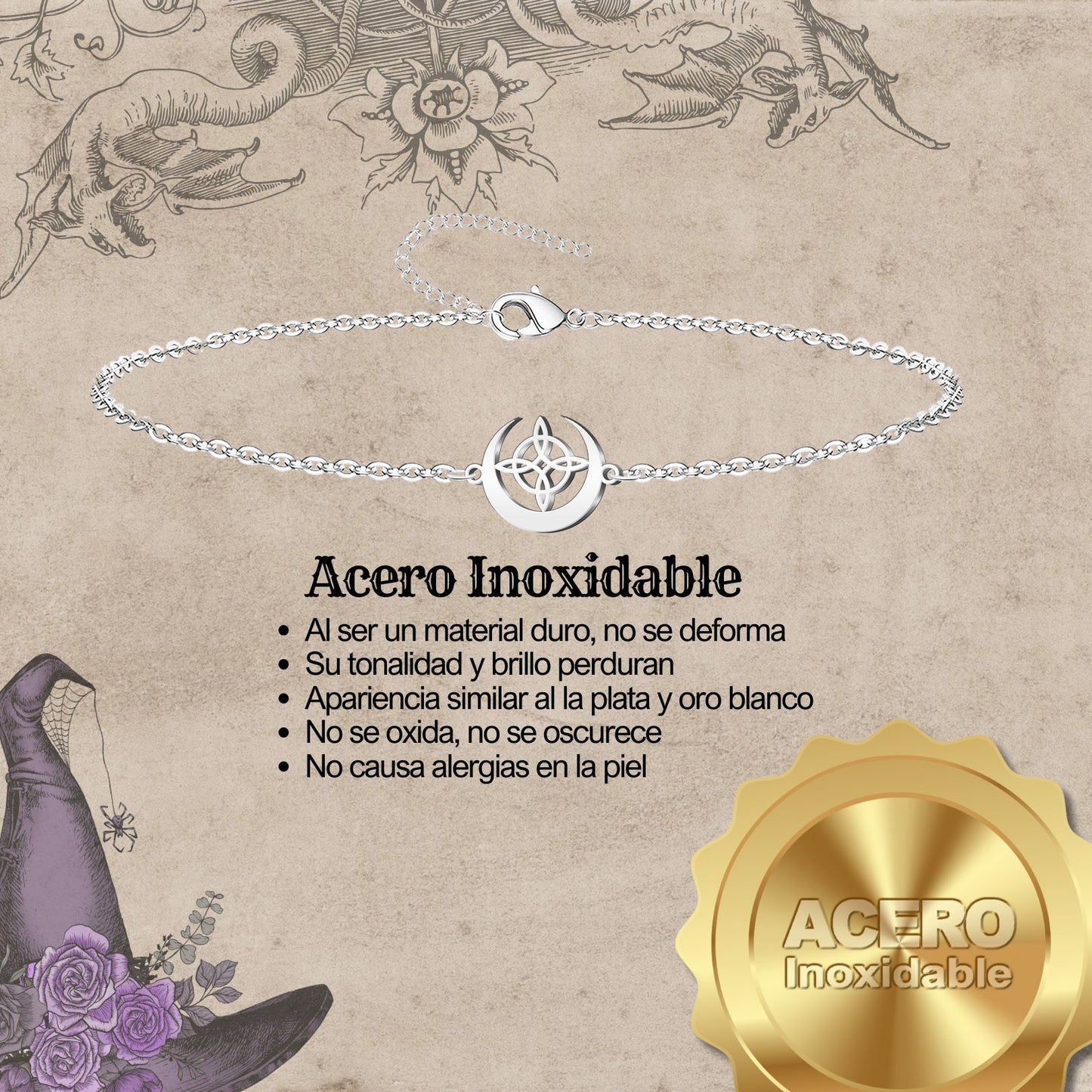 Pulsera Nudo bruja Acero Inoxidable color Plateado