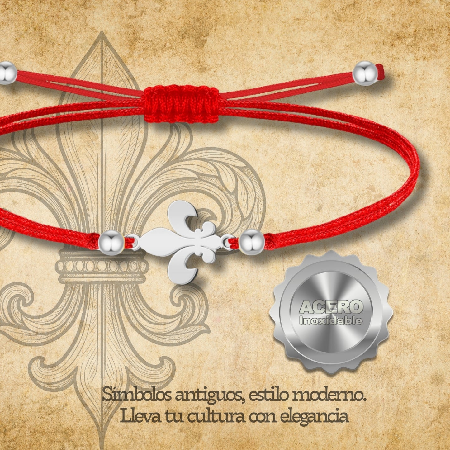 Pulsera Hilo encerado con Flor de lis Acero Plateado