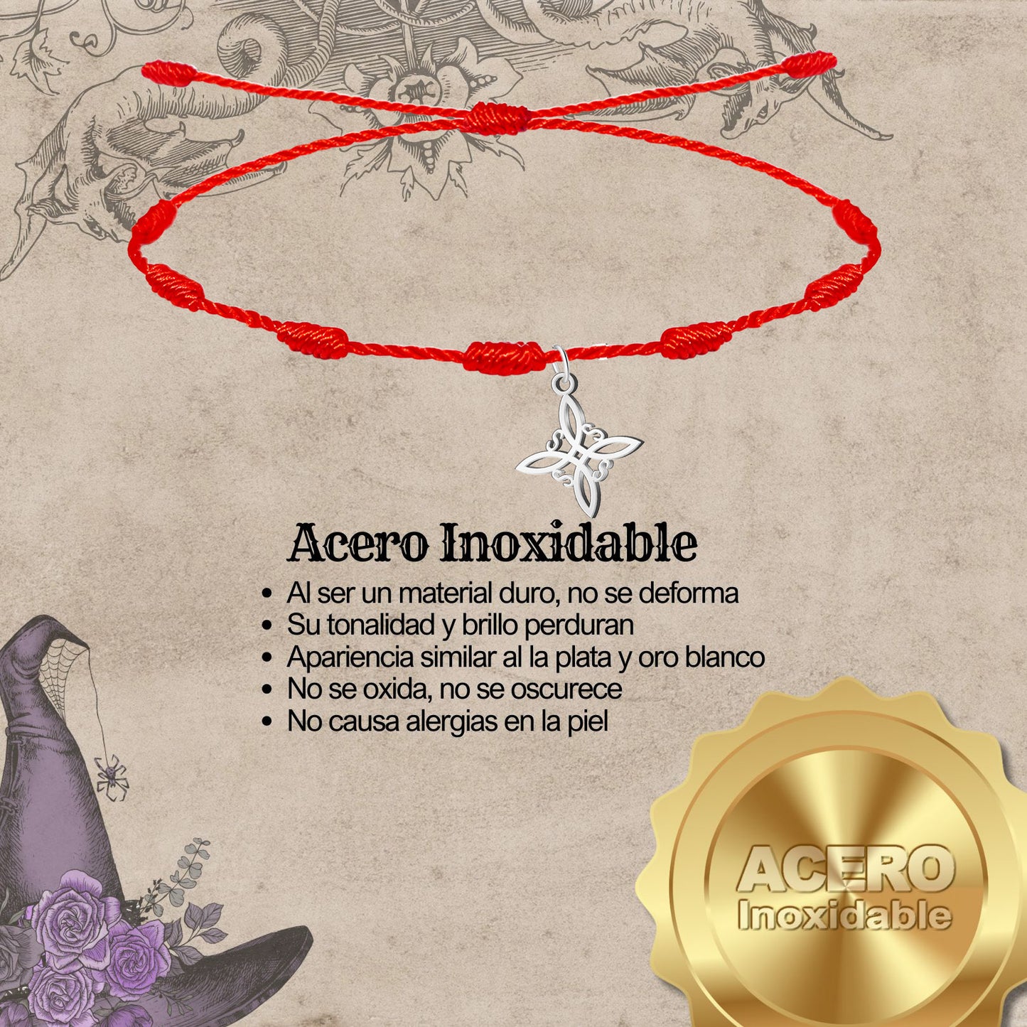 Pulsera 7 nudos con Colgante Nudo bruja Acero Inoxidable color Plateado