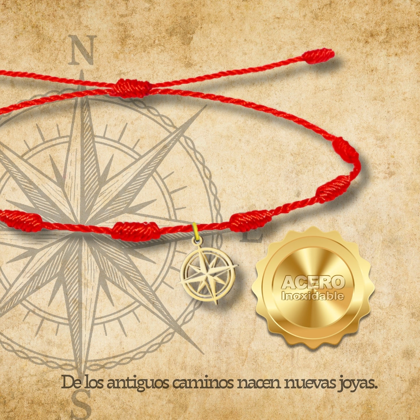 Pulsera 7 nudos con Colgante Rosa de los Vientos Acero Dorado