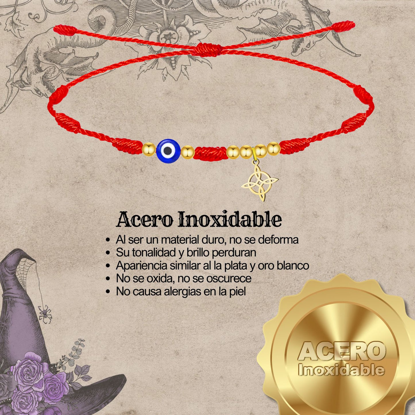 Pulseira de 7 nós com nó de bruxa em aço dourado