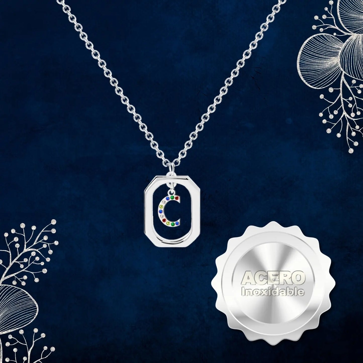 Colgante Letra Inicial C Acero con Circonita color Plateado - cotigo