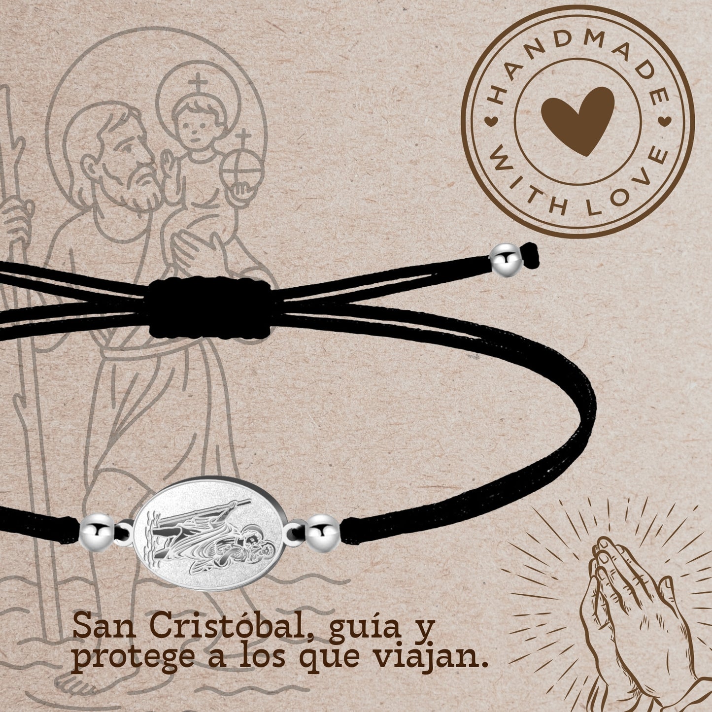Pulsera Hilo Encerado con San Cristóbal color Plateado