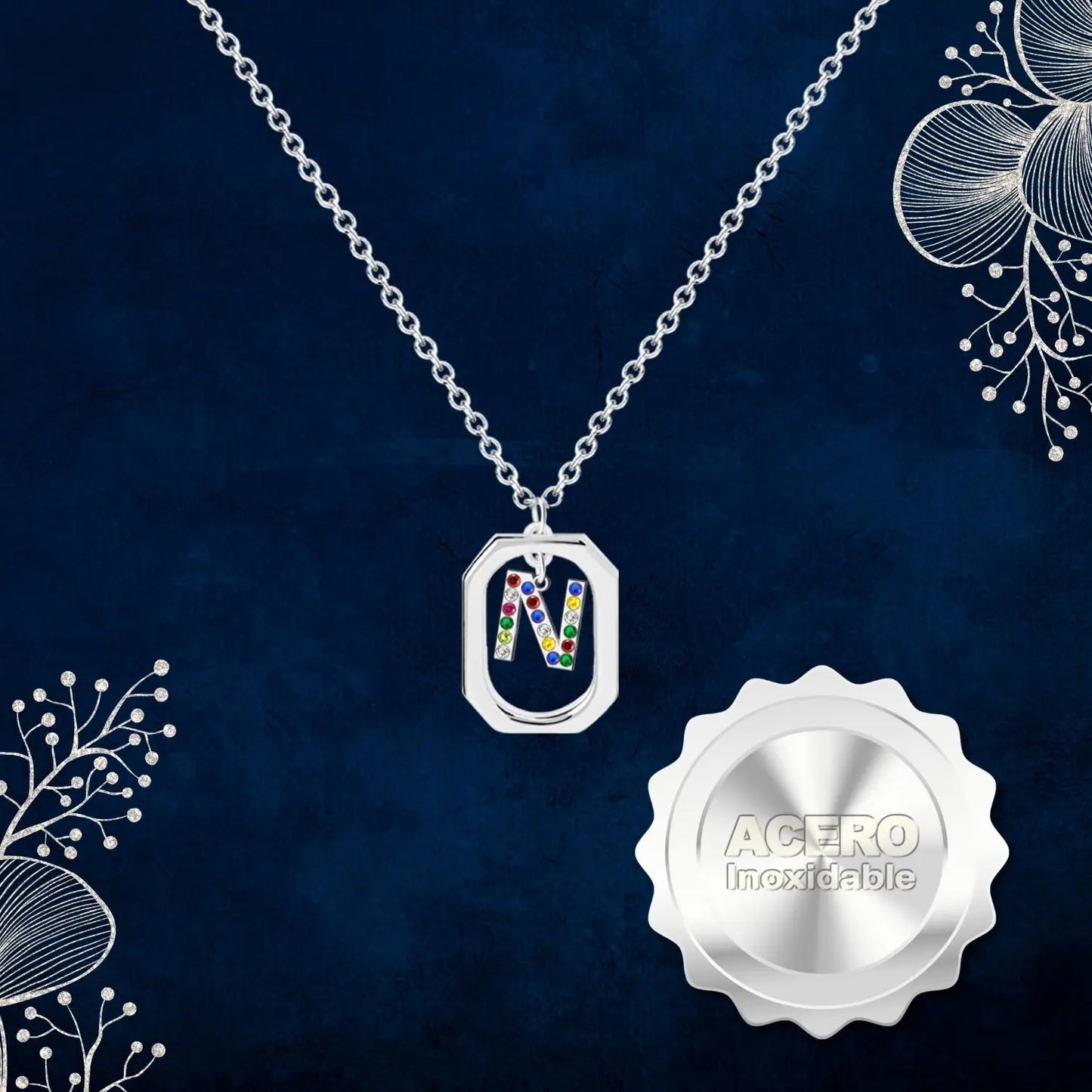 Colgante Letra Inicial N Acero con Circonita color Plateado - cotigo