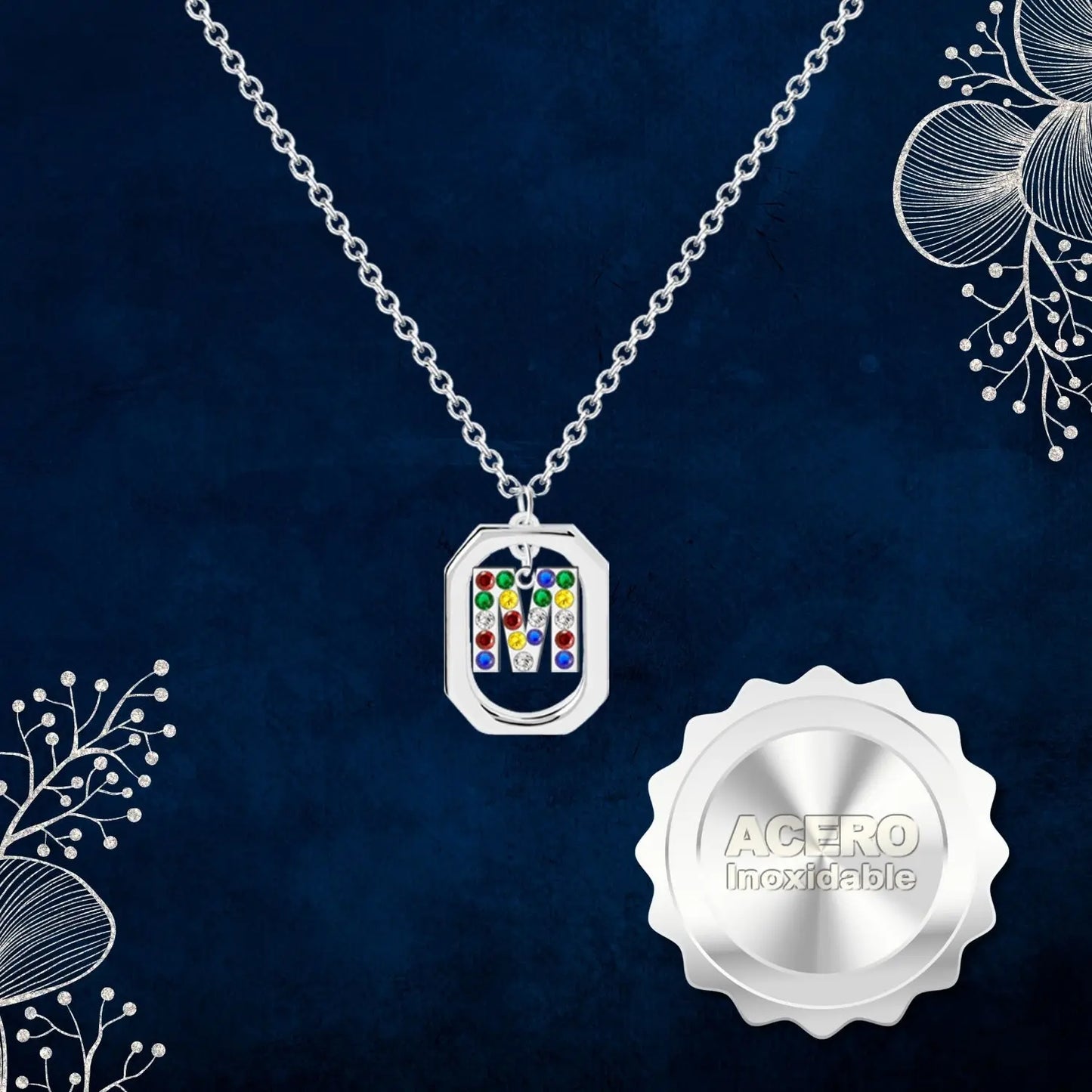 Colgante Letra Inicial M Acero con Circonita color Plateado - cotigo