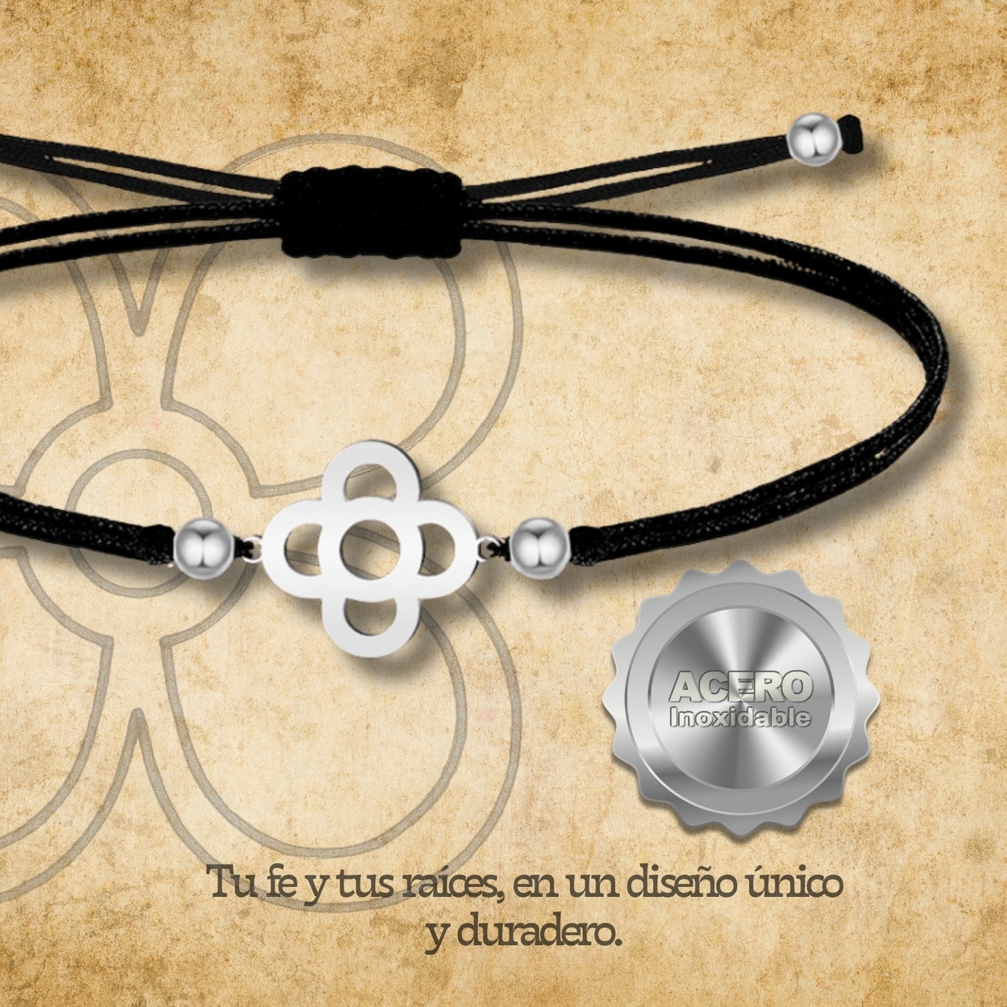 Pulsera Hilo encerado negro con Flor Barcelona Acero Plateado