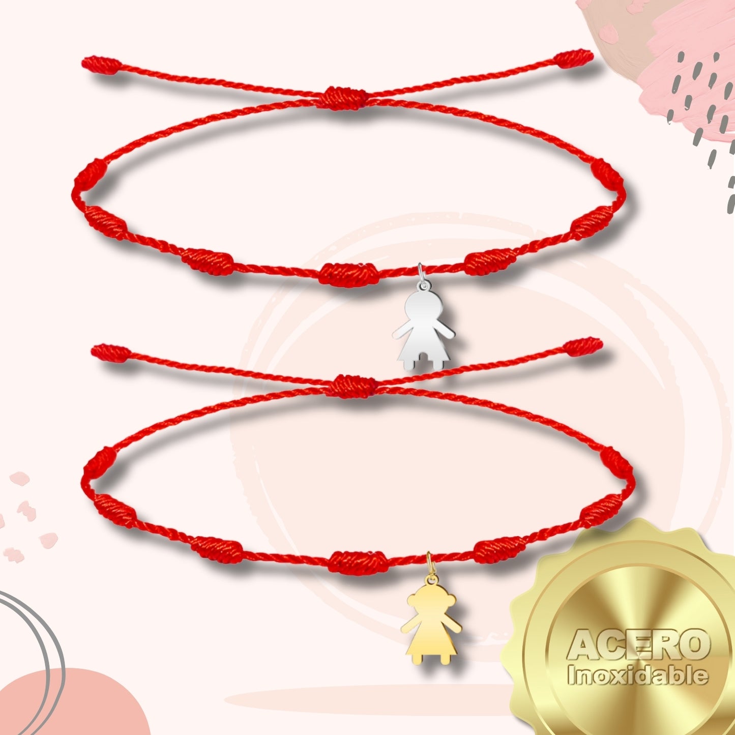 2 Pulsera 7 nudos con Colgante Niño y Niña Acero Inoxidable, Pulsera para Pareja, Amistad