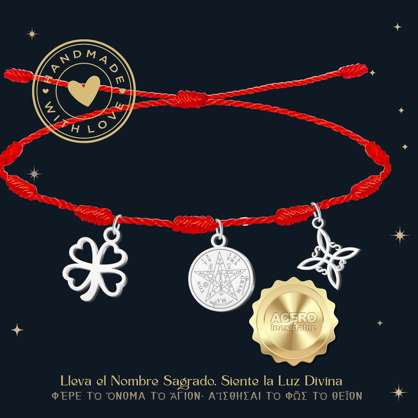 Pulsera 7 nudos con Nudo de Bruja y Tetragramatón, y Trébol de la Suerte Plateado Acero Inoxidable