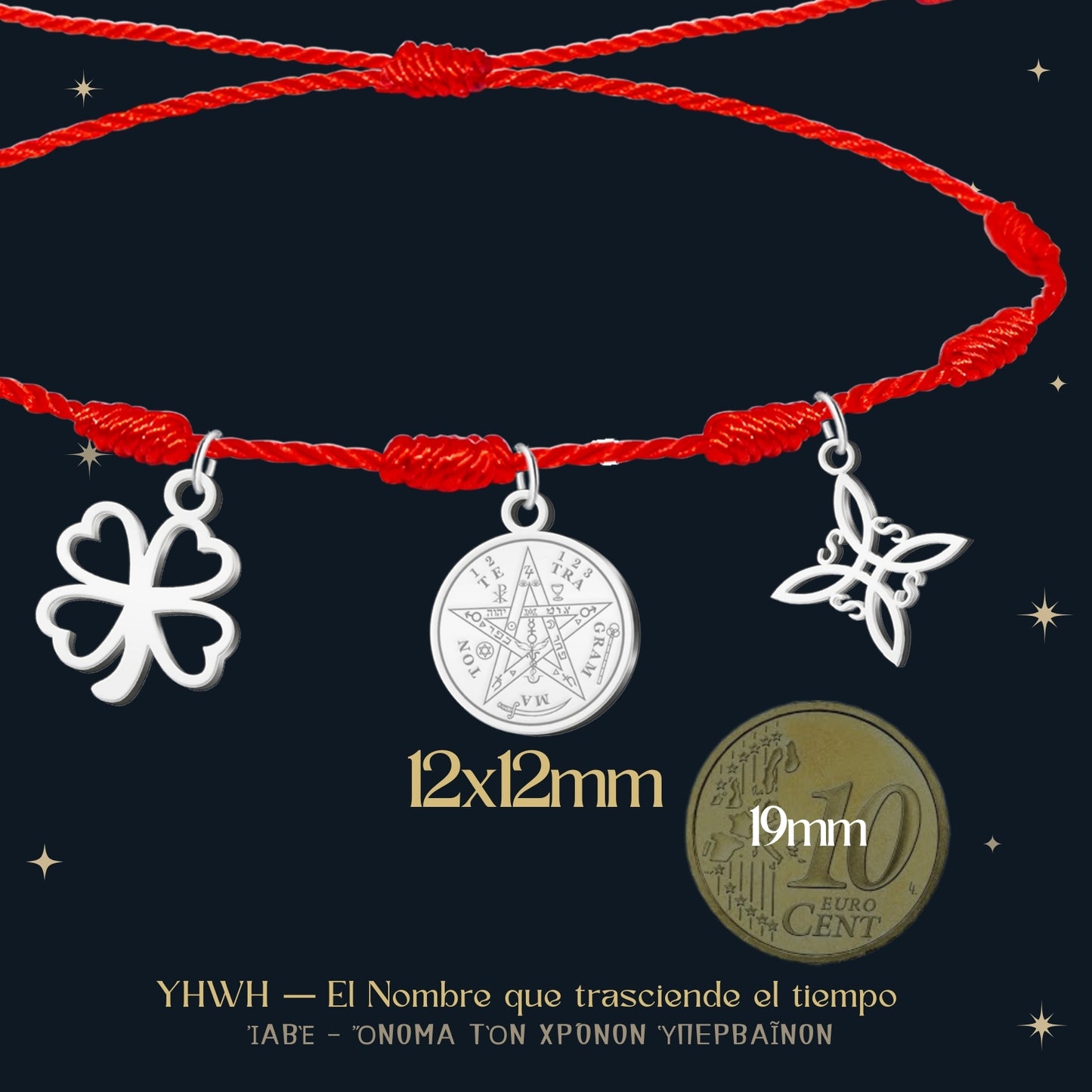 Pulsera 7 nudos con Nudo de Bruja y Tetragramatón, y Trébol de la Suerte Plateado Acero Inoxidable