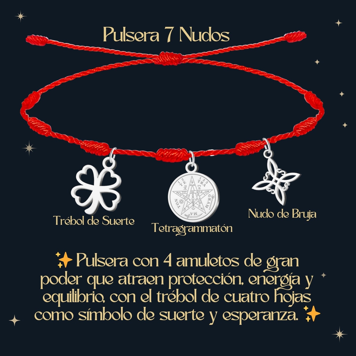 Pulsera 7 nudos con Nudo de Bruja y Tetragramatón, y Trébol de la Suerte Plateado Acero Inoxidable