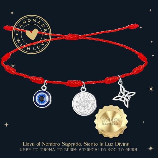 Pulsera 7 Nudos con Colgante Plateado: Tetragrammaton, Nudo de Bruja y Ojo Turco - cotigo