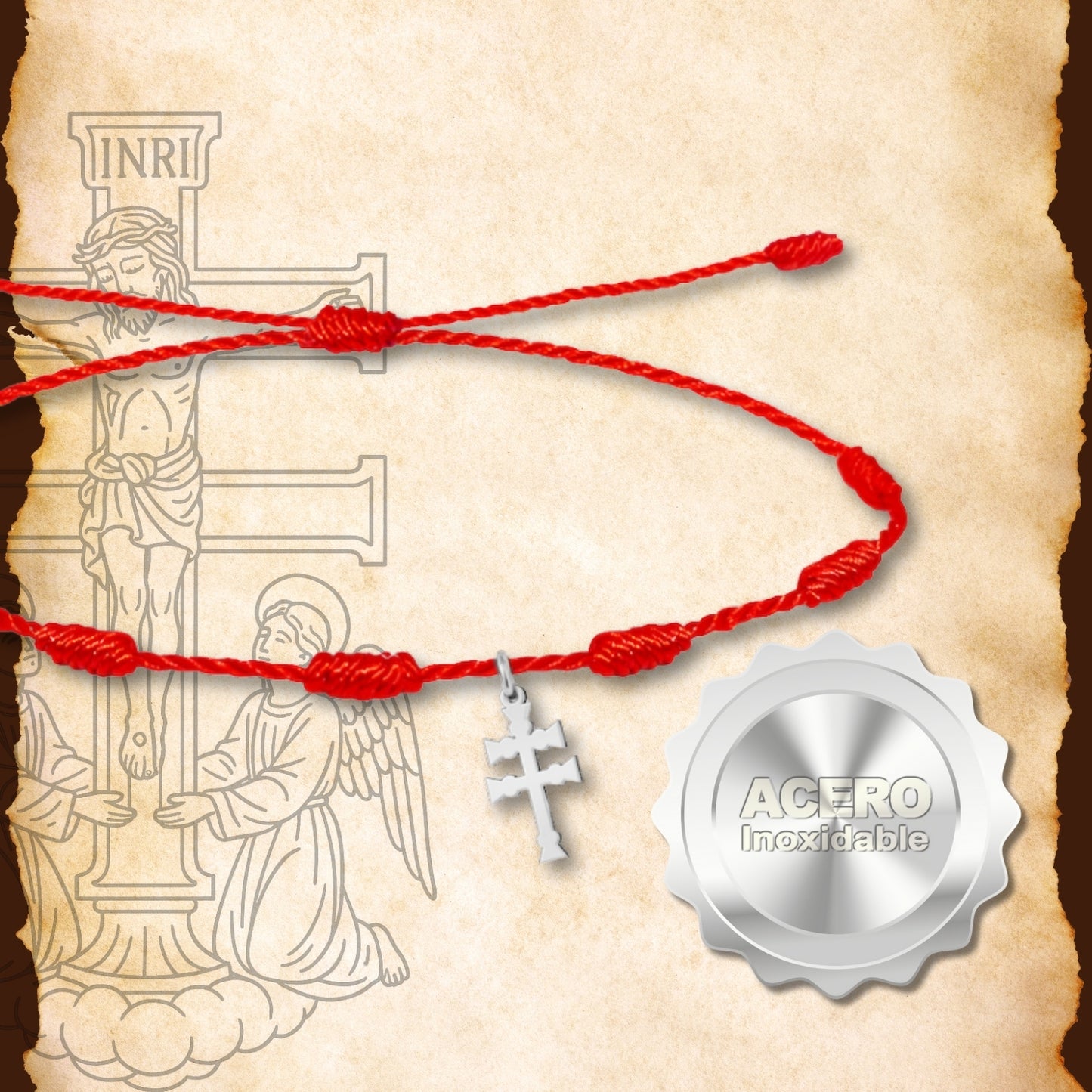 Pulsera 7 nudos con Cruz Caravaca Acero Color Plateado
