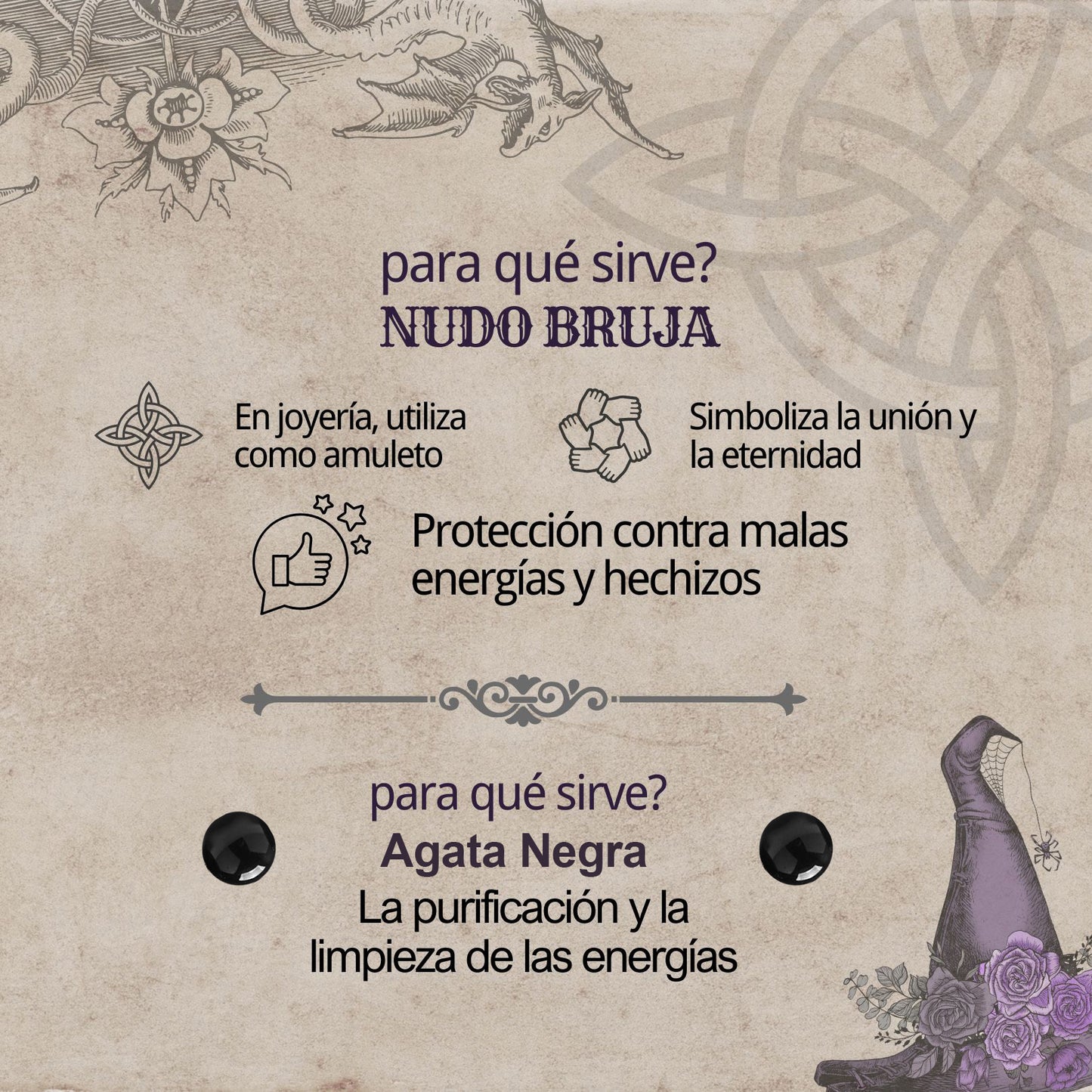 Colgante Nudo bruja Acero con Agata negra