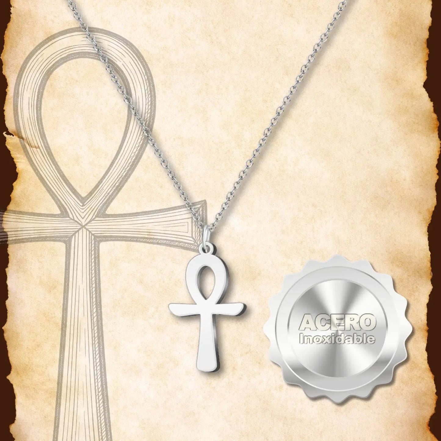 Collar Cruz Egipcia Acero Inoxidable coloar Plateado - cotigo