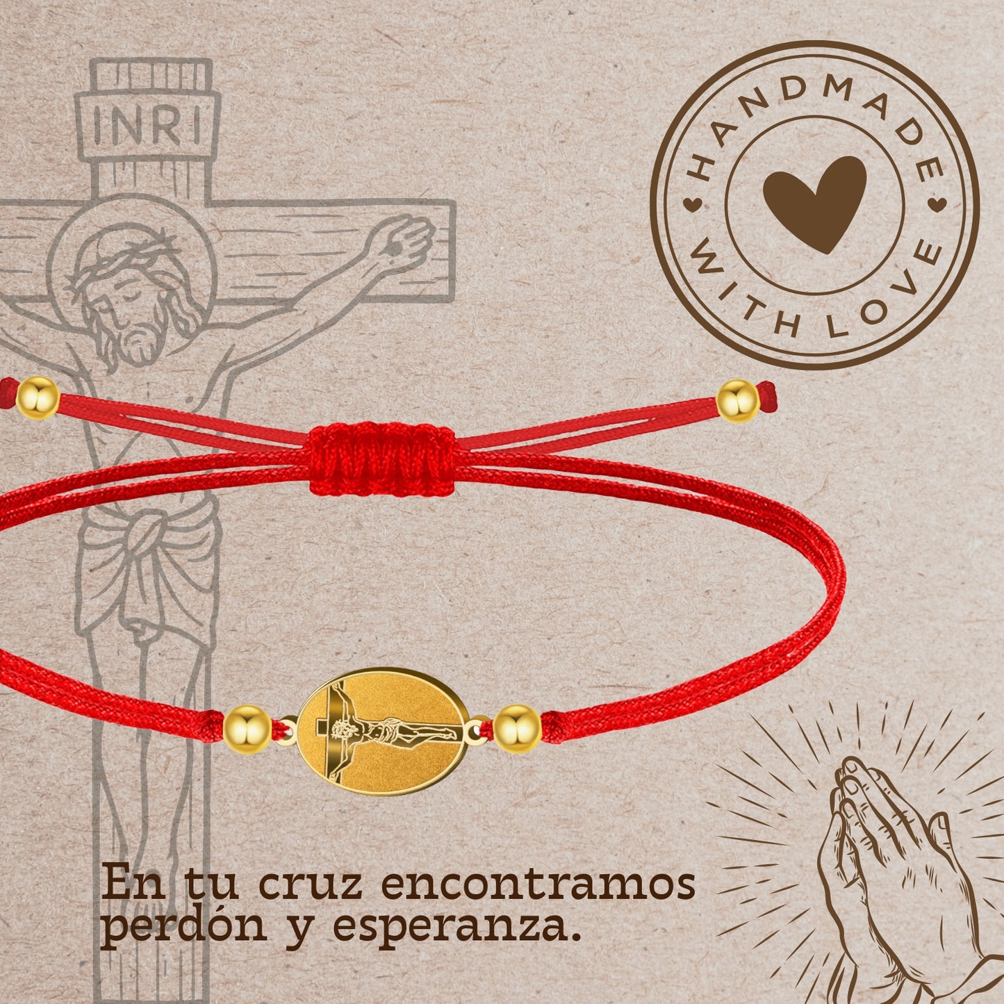 Pulsera Hilo Encerado con Jesús Crucificado color Dorado