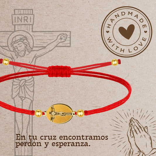 Pulsera Hilo Encerado con Jesús Crucificado color Dorado - cotigo
