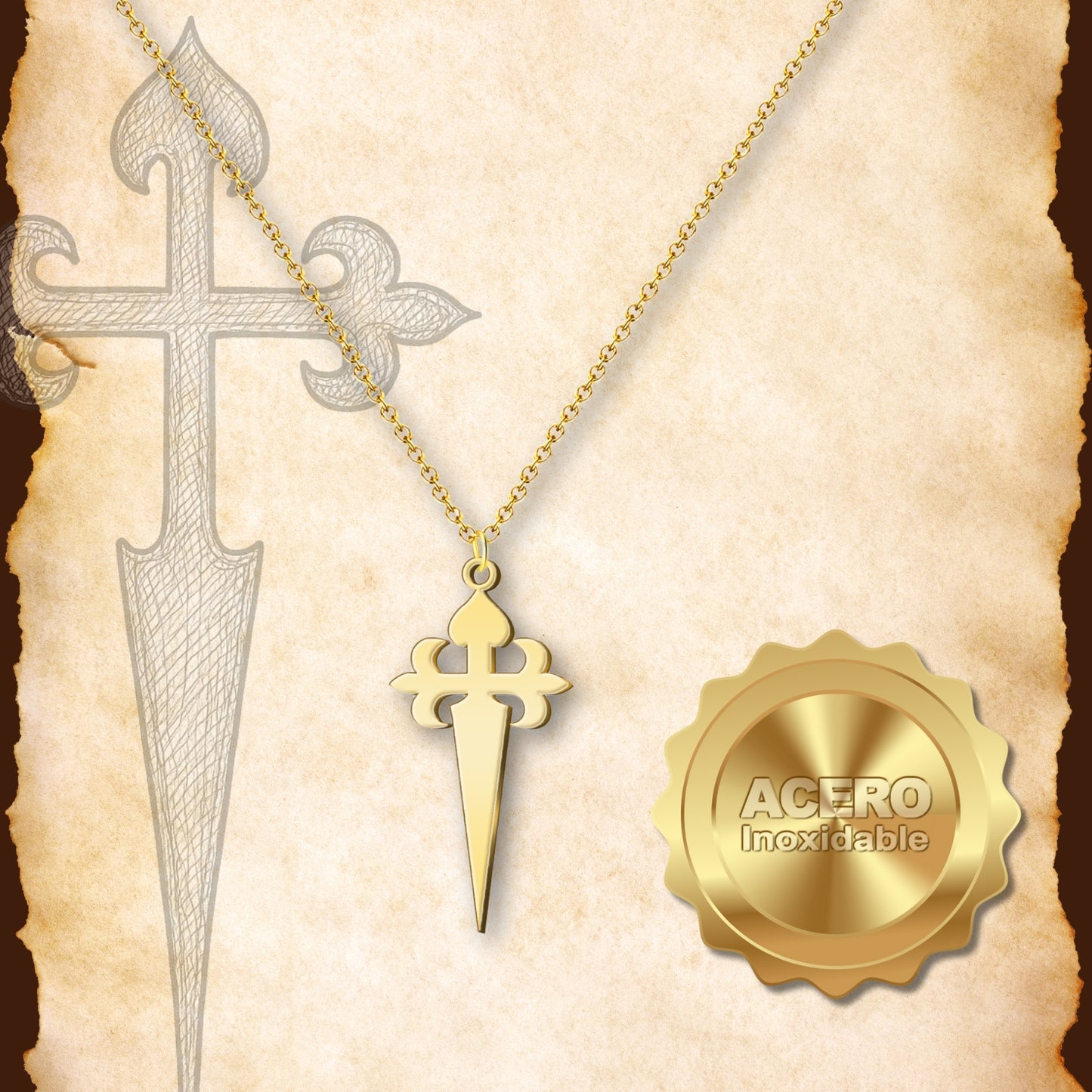 Colgante Cruz de Santiago Acero Dorado