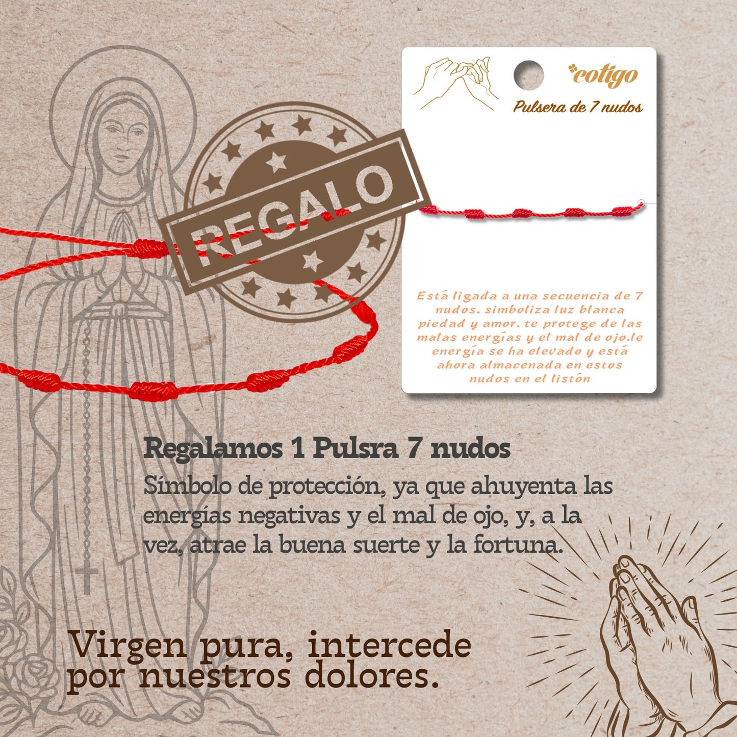 Pulsera 7 nudos con VIRGEN DE LOURDES Dorado