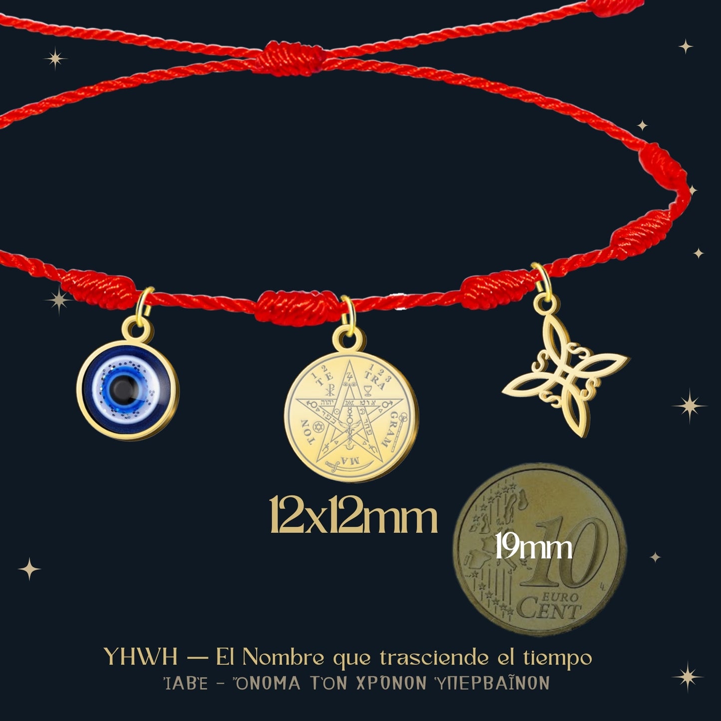 Pulsera 7 nudos con Nudo de Bruja y Tetragramatón, y Ojo Turco Dorado Acero Inoxidable