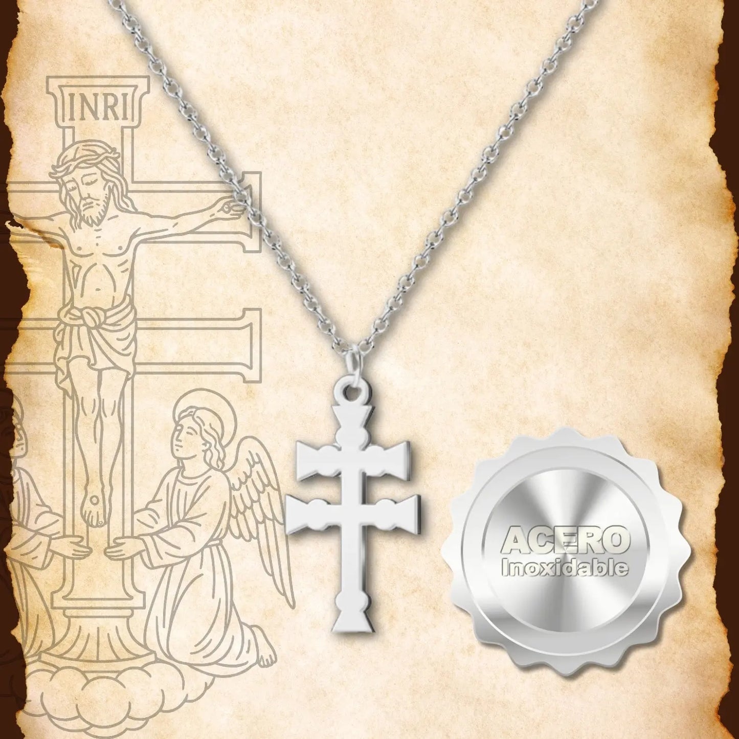 Collar Cruz de Caravaca en Acero Plateado - cotigo