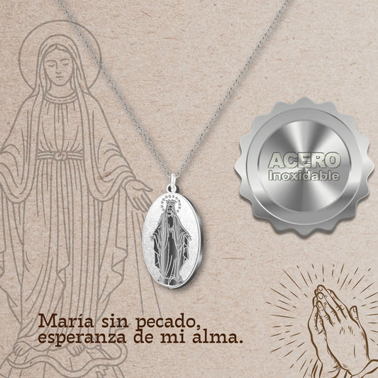 Collar Medalla Milagrosa en Acero Inoxidable Plateado - cotigo