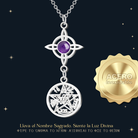 Colgante Tetragrammaton y Nudo de Bruja con Amatista en Acero Plateado - cotigo