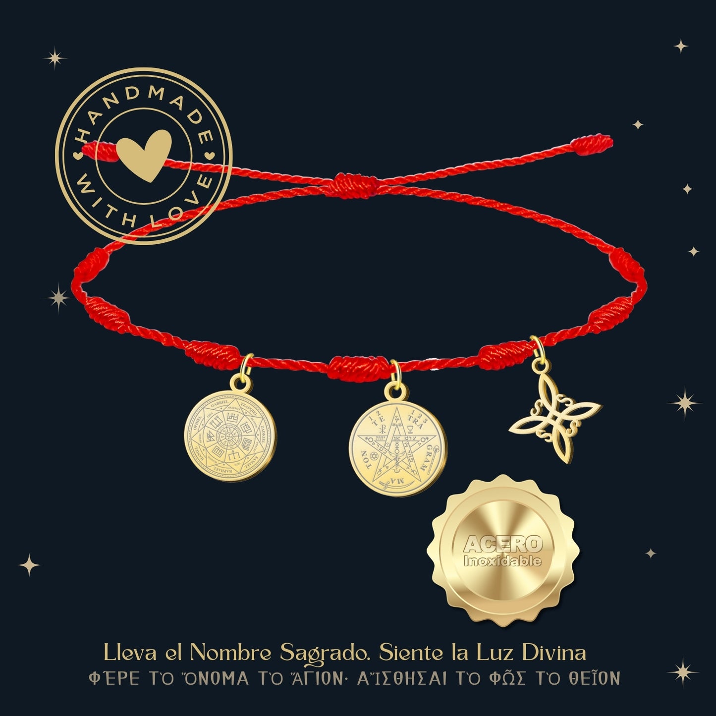 Pulsera 7 nudos con Nudo de Bruja y Tetragramatón, y 7 Arcángeles Dorado Acero Inoxidable