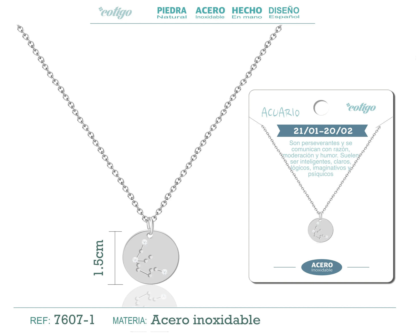 collar zodiaco Acuario acero plateado - cotigo