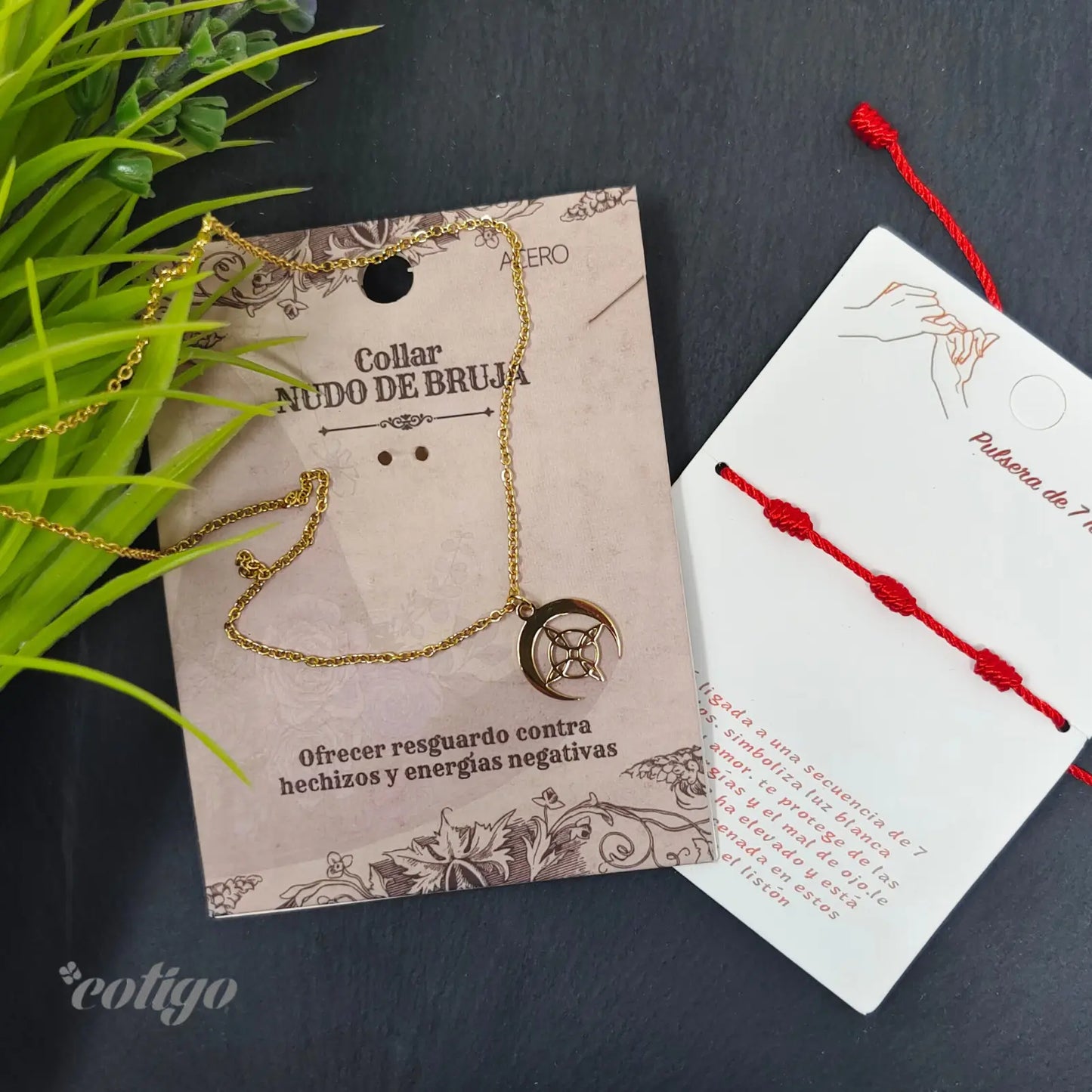 Collar Nudo de Bruja con Luna en Acero Inoxidable Dorado - cotigo