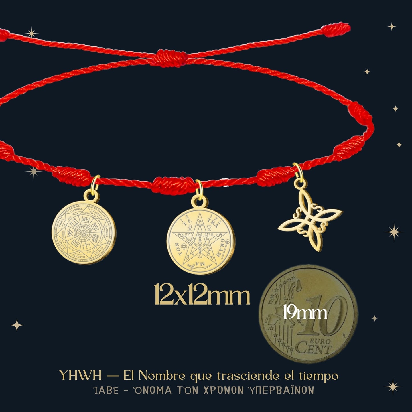 Pulsera 7 nudos con Nudo de Bruja y Tetragramatón, y 7 Arcángeles Dorado Acero Inoxidable