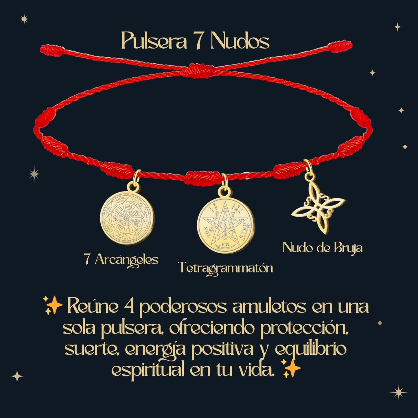 Pulsera 7 nudos con Nudo de Bruja y Tetragramatón, y 7 Arcángeles Dorado Acero Inoxidable