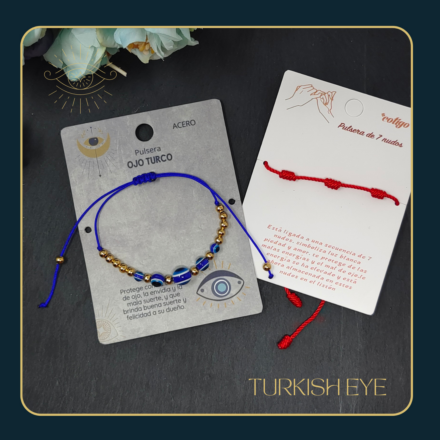 Pulsera Ojo turco Acero con Cordon Hilo encerado