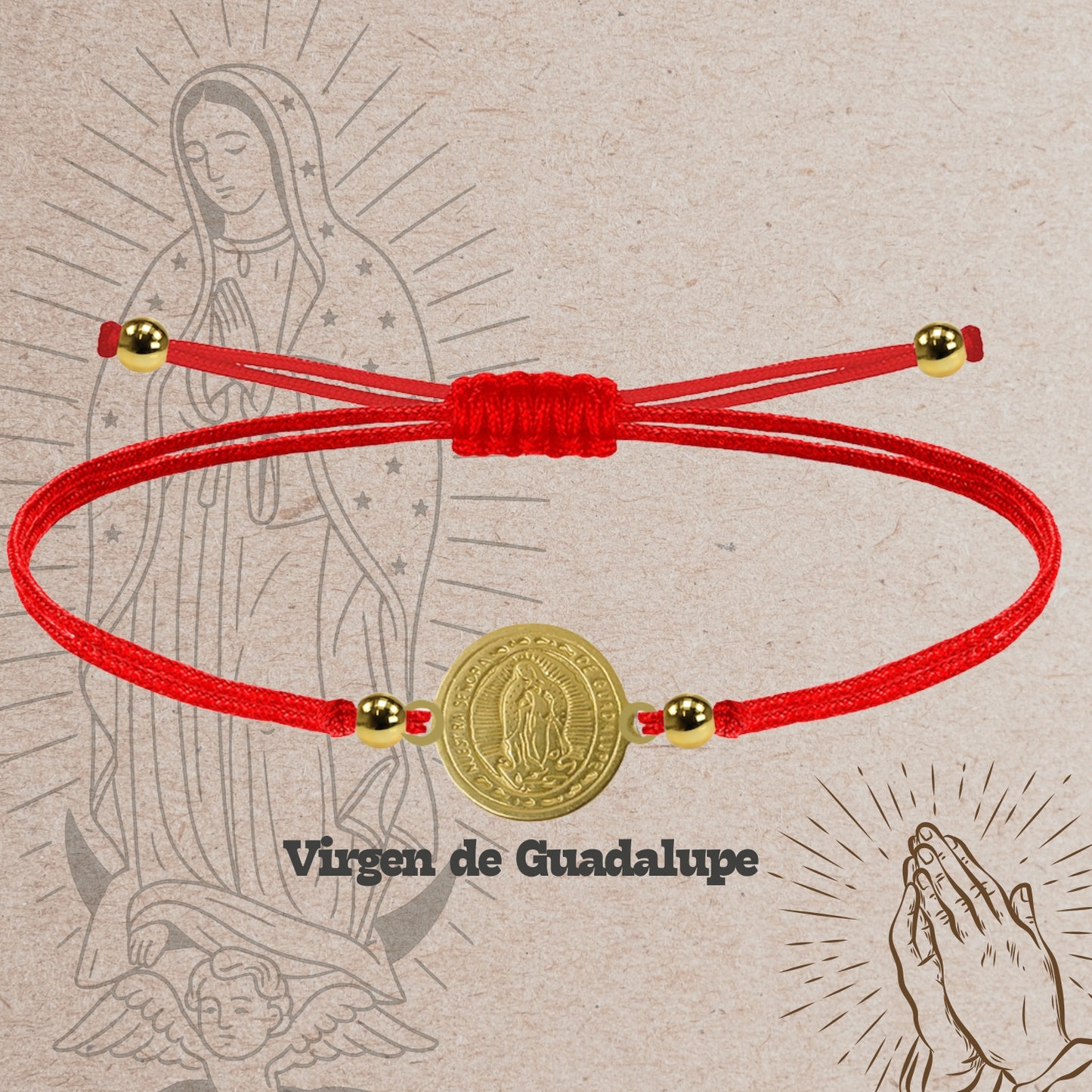Pulsera Hilo encerado Rojo-Virgen Guadalupe Dorado