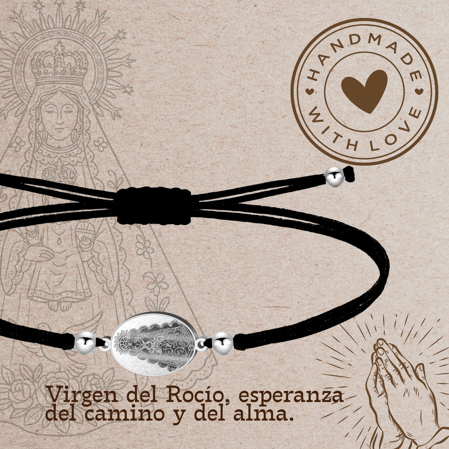 Pulsera Hilo Encerado con Virgen del Rocío color Plateado