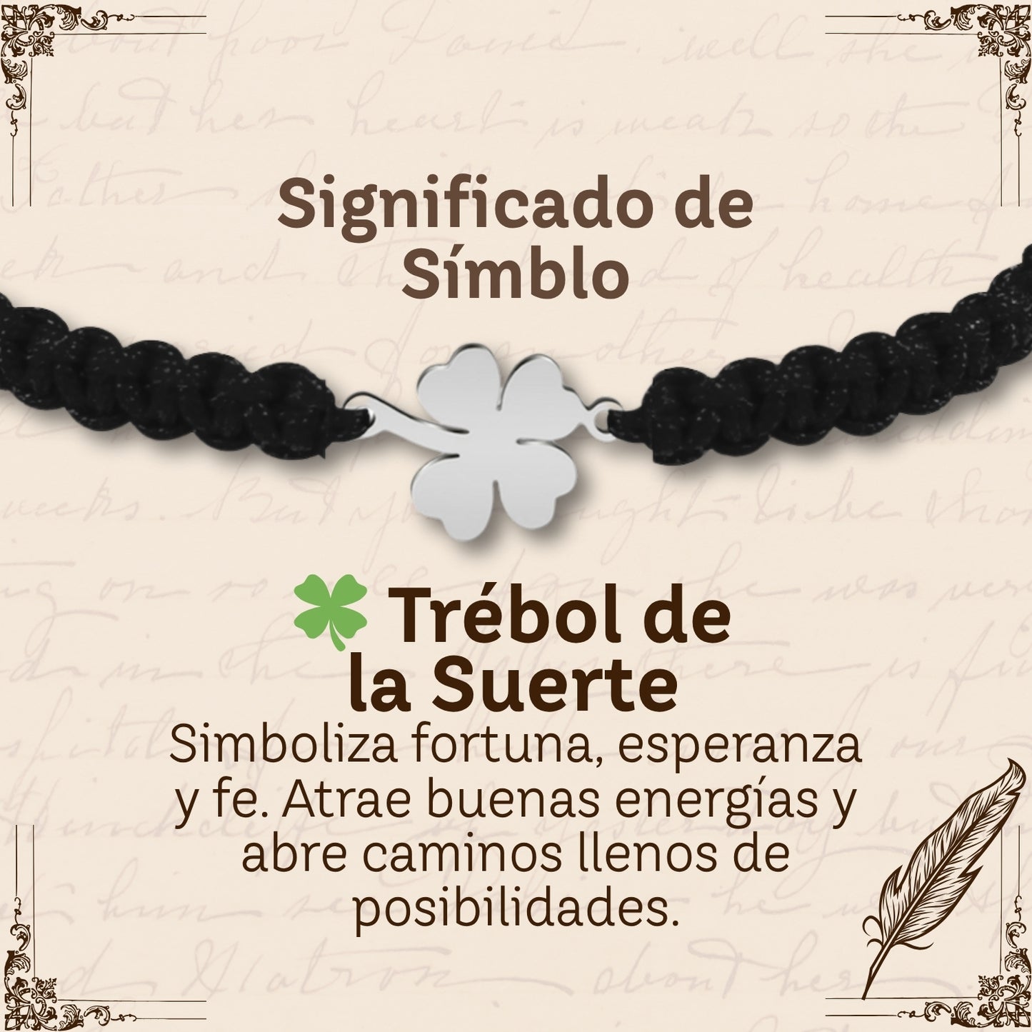 Pulsera Hilo Destino Negro-Trebol cuatro Hojas Plateado