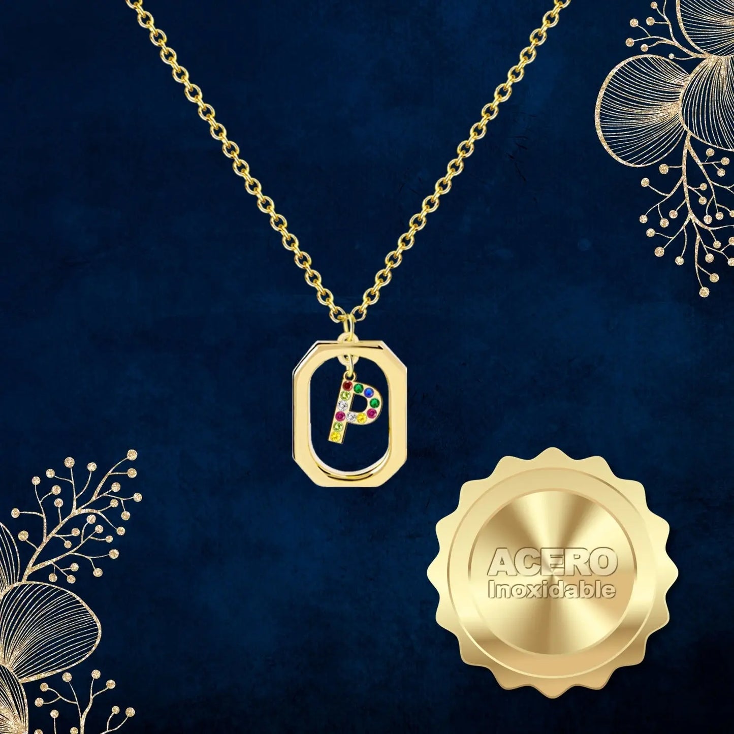 Colgante Letra Inicial P Acero con Circonita color Dorado - cotigo