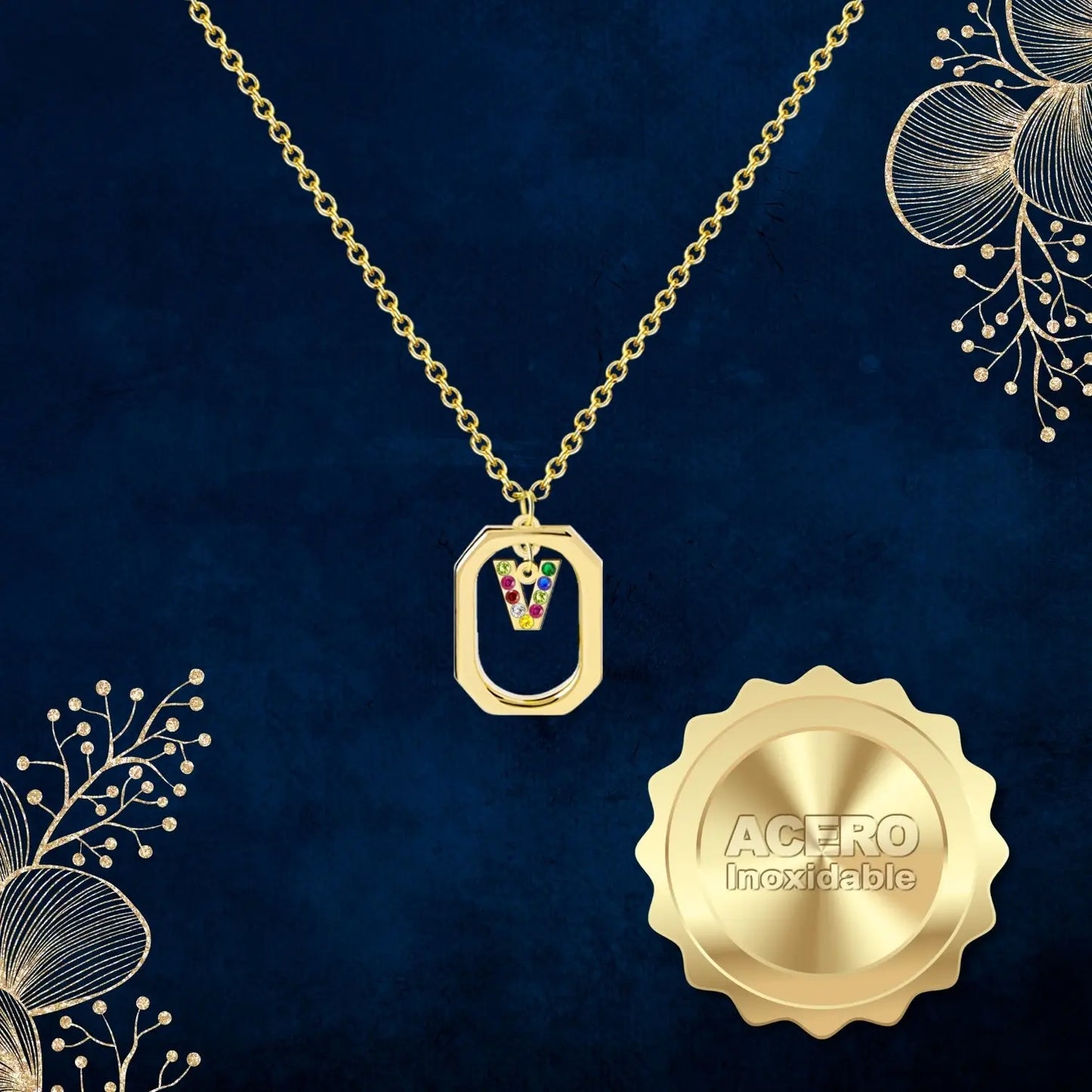 Colgante Letra Inicial V Acero con Circonita color Dorado - cotigo