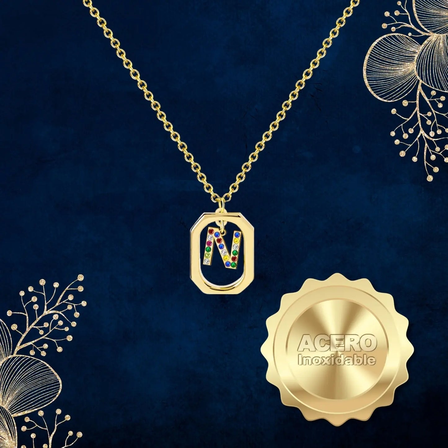 Colgante Letra Inicial N Acero con Circonita color Dorado - cotigo